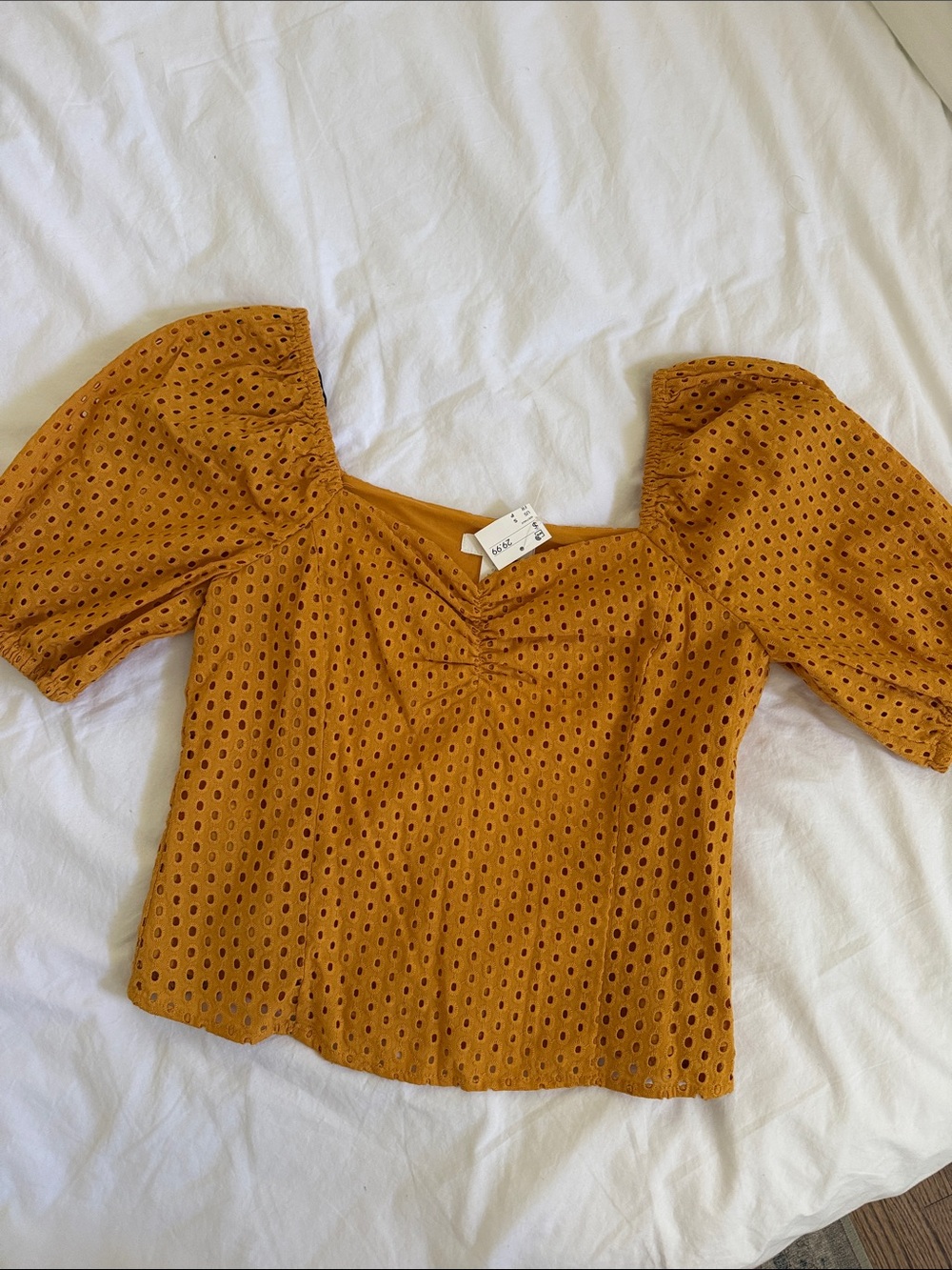 H&M Mustard Eyelet Puff-Sleeve Blouse NWT size small